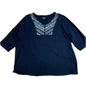 Catherine’s Knit Top 1X Black 3/4 Sleeve Embellished V-Neck Tunic